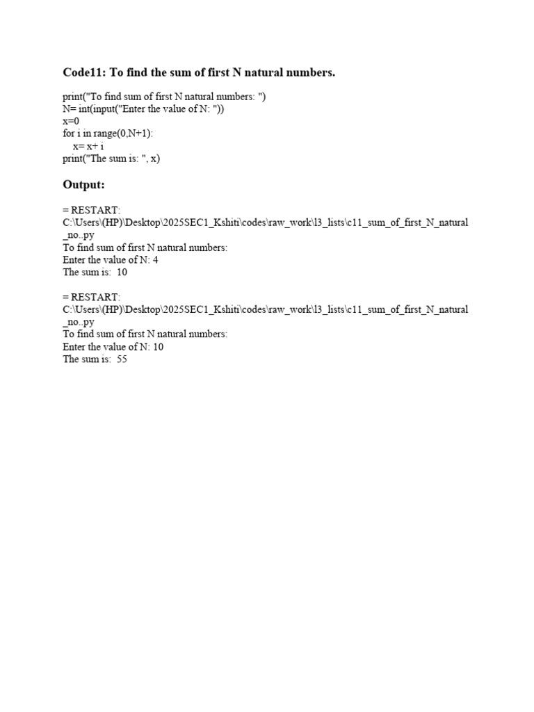 Sum of First N Natural Numbers Code | PDF