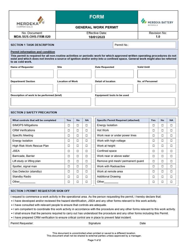 General Work Permit Form Template | PDF | Occupational Safety And ...