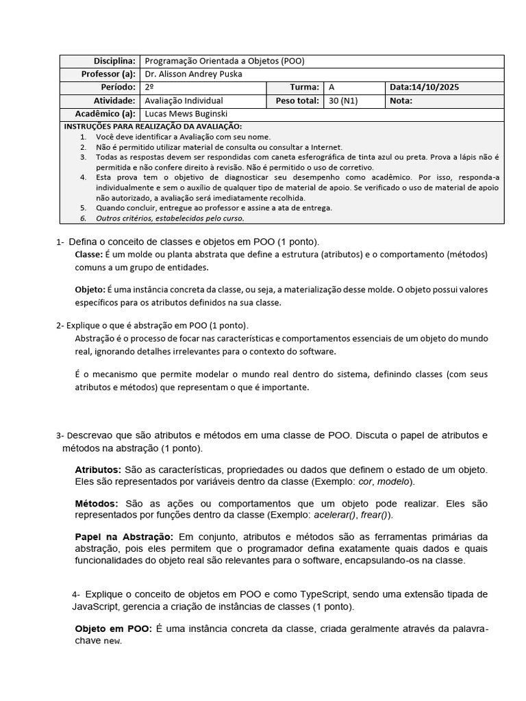 Avaliação de Programação Orientada a Objetos | PDF | Classe ...