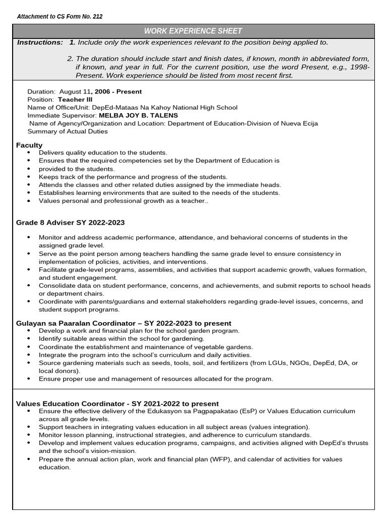Work Experience Sheet - Mam Alice | PDF | Learning
