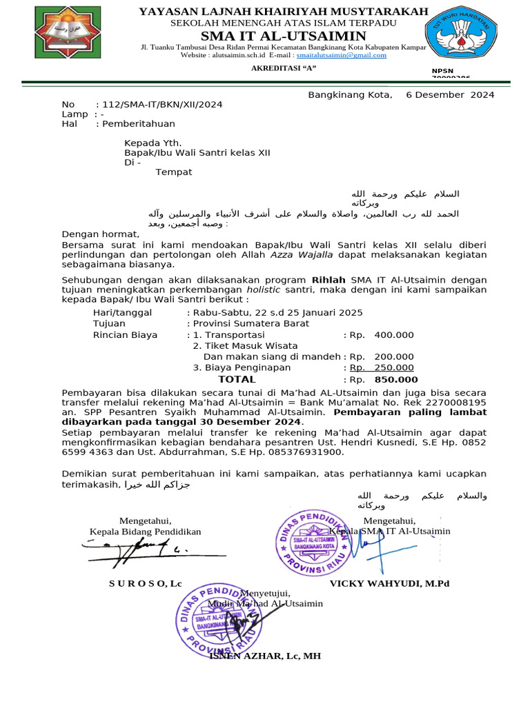 Pemberitahuan Program Rihlah dan Bimbel SMA IT Al-Utsaimin | PDF