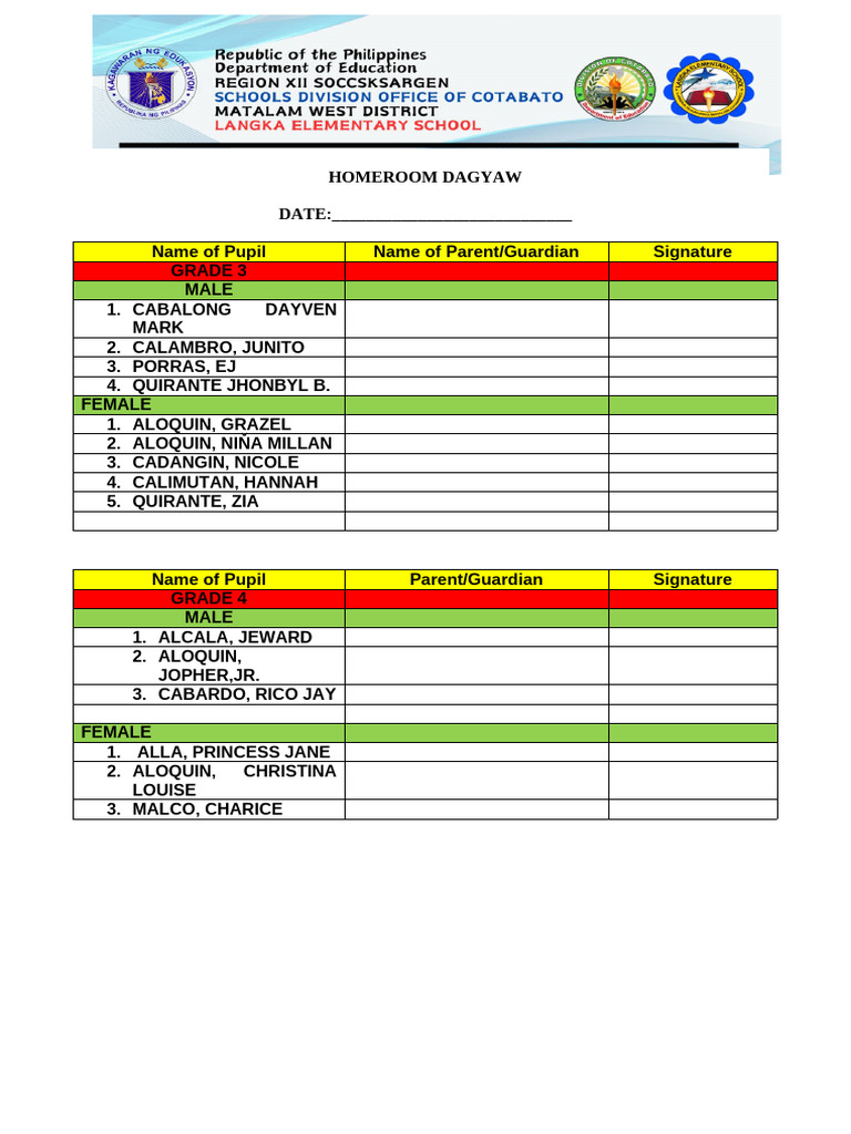 Homeroom Dagyaw Attendance | PDF