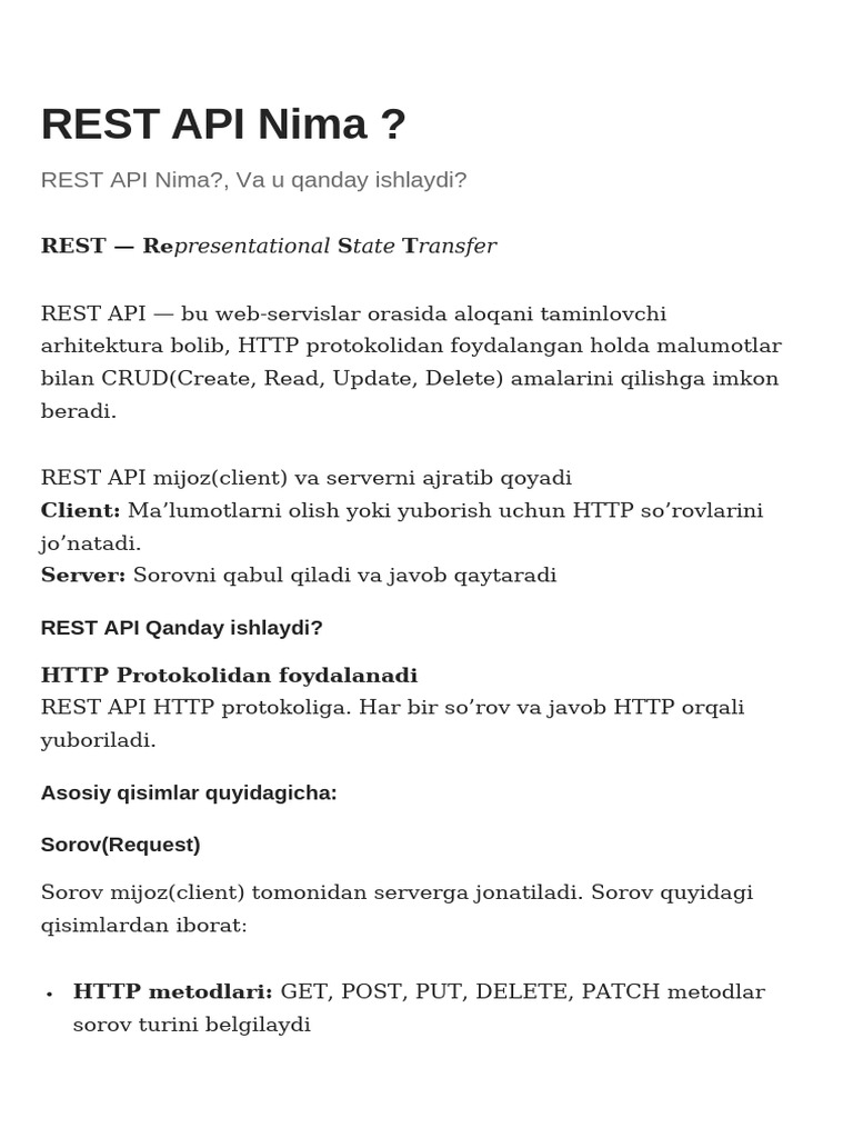 REST API Nima va Qanday Ishlaydi? | PDF
