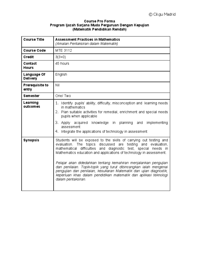 Proforma Mte 3112 - Assessment Practices in Mathematics 