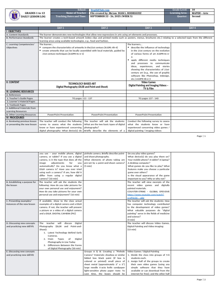 Grade 10 MAPEH Arts Lesson Plan | PDF | Digital Photography | Camera