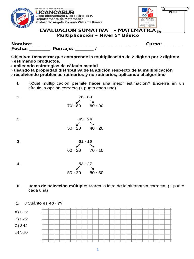 Evaluación de Multiplicación 5° Básico | PDF | Matemáticas