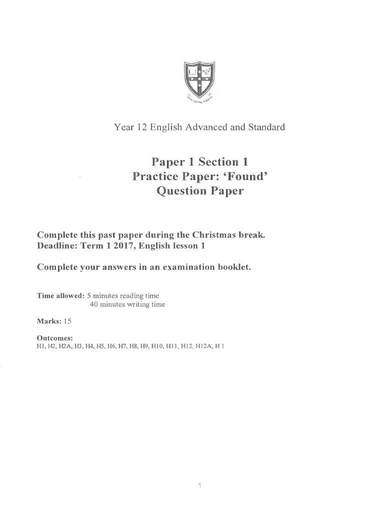 Year 12 English Advanced and Standard Paper 1 Section 1 - Found | PDF