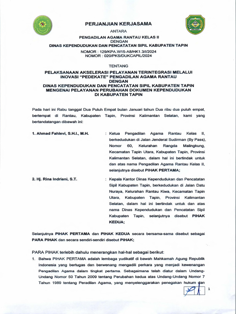 PKS PA Rantau DG Disdukcapil Tapin 2024 | PDF
