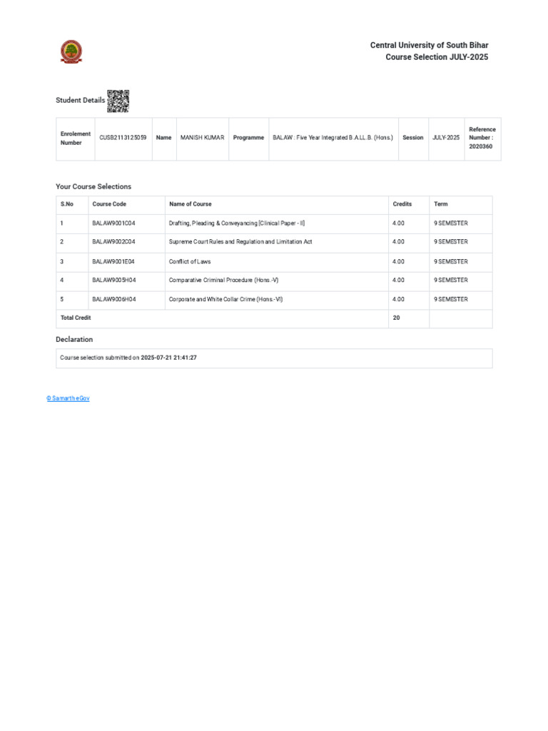 Course Selection for BALAW Program 2025 | PDF