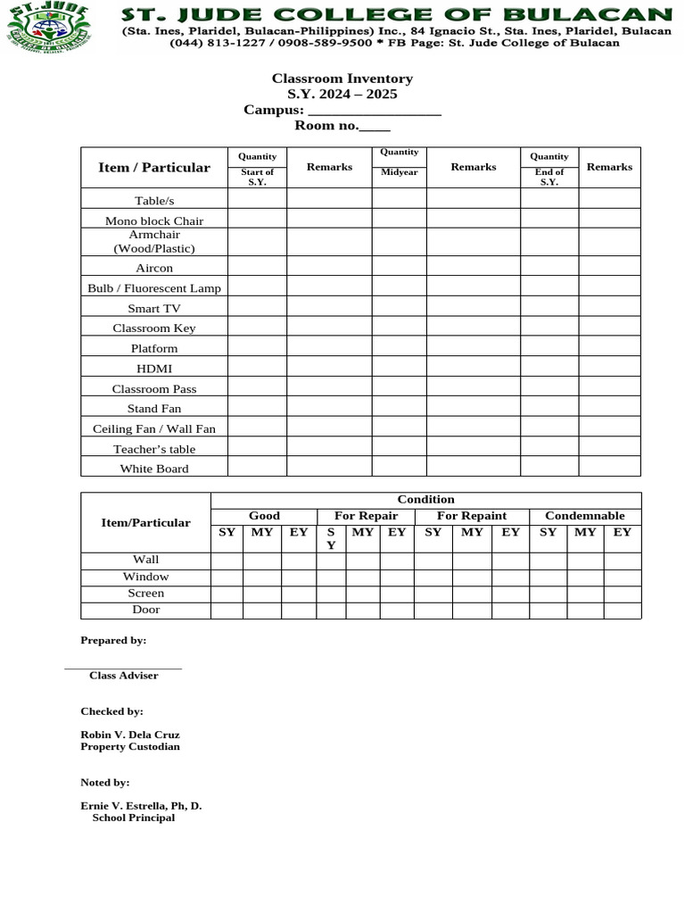 Classroom Inventory List 2024-2025 | PDF