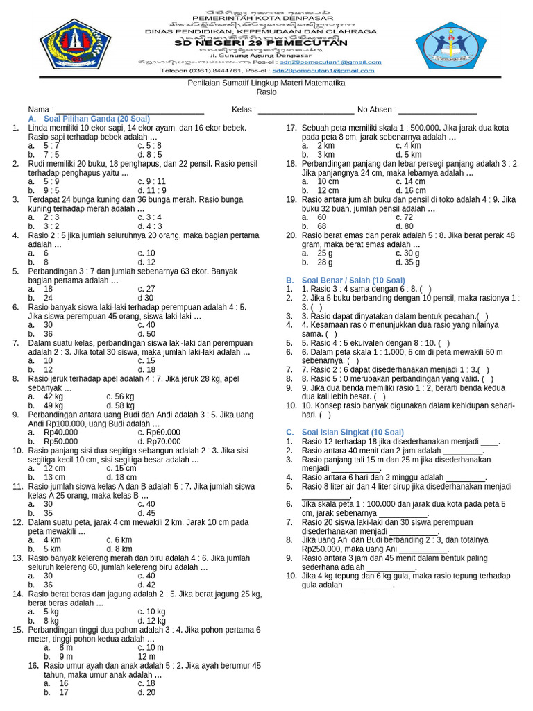 Soal Rasio Kelas 6 Matematika | PDF