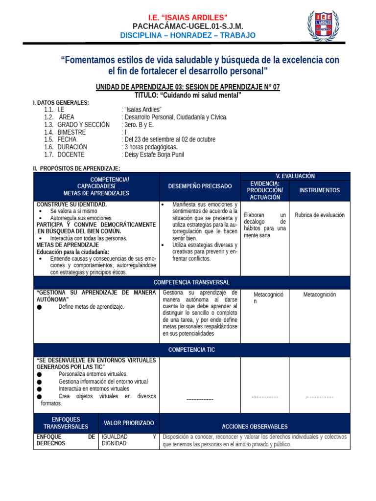 Sesión de Aprendizaje 3° S7 | PDF | Aprendizaje | Salud mental