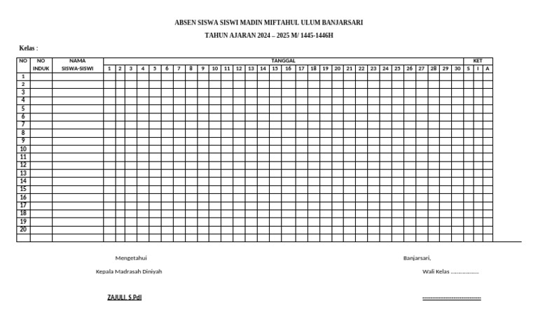 Absen Siswa Madin Miftahul Ulum 2024 | PDF