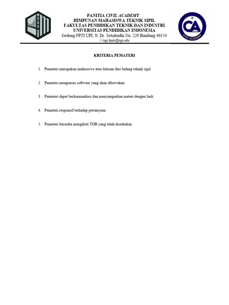Kriteria Pemateri Civil Academy UPI | PDF