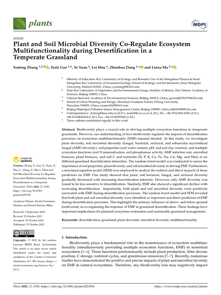 Plant and Soil Microbial Diversity Co-Regulate Eco | PDF | Biodiversity ...