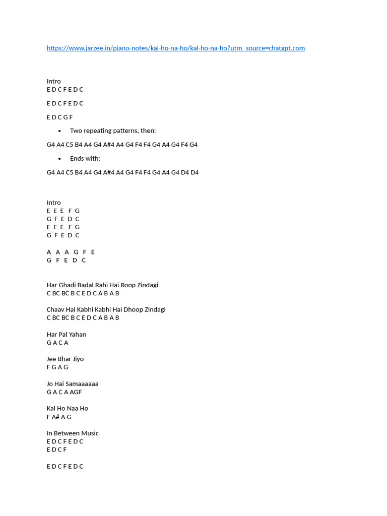 Kal Ho Naa Ho Piano Notes | PDF