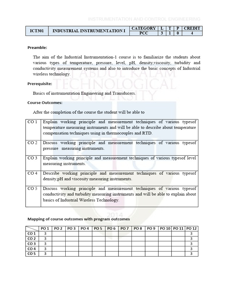 Industrial Instrumentation Course Overview | PDF | Pressure Measurement ...