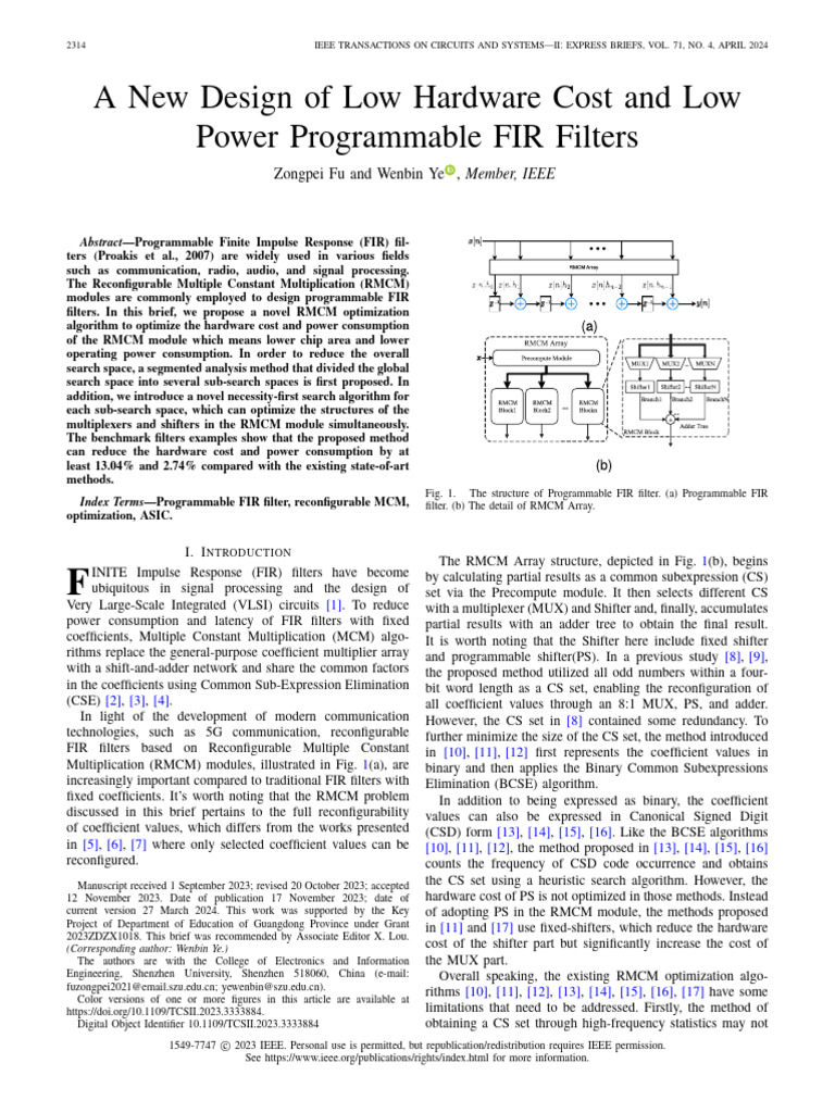 A New Design of Low Hardware Cost and Low Power Programmable FIR ...