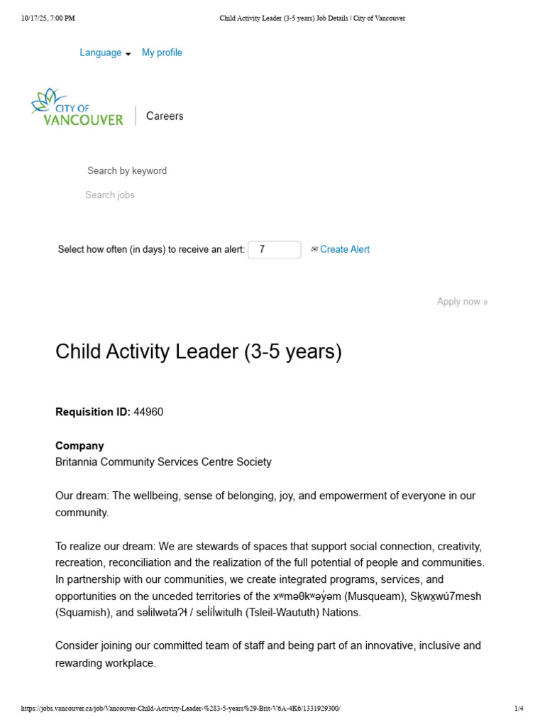Child Activity Leader (3-5 Years) Job Details - City of Vancouver | PDF ...