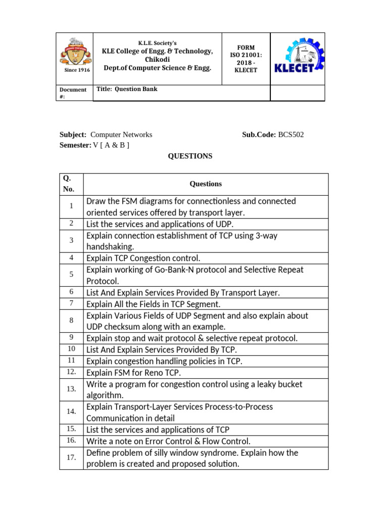 Cn Module4 Question Bank Pdf Transmission Control Protocol