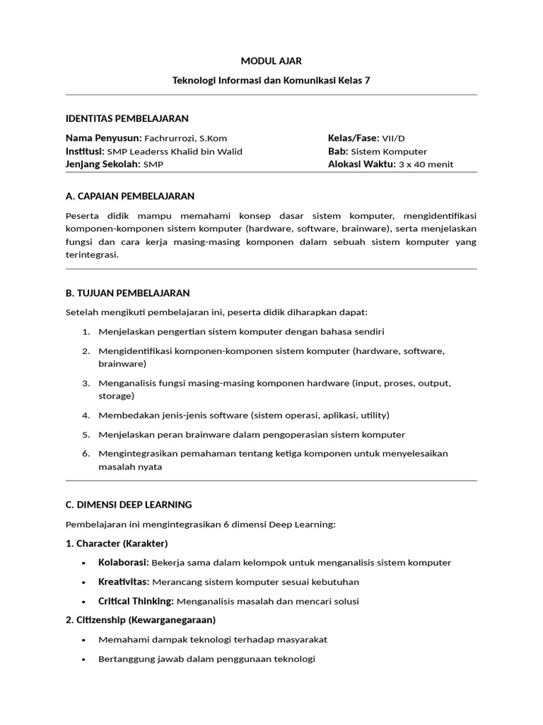 Modul Ajar TIK Kelas 7: Sistem Komputer | PDF