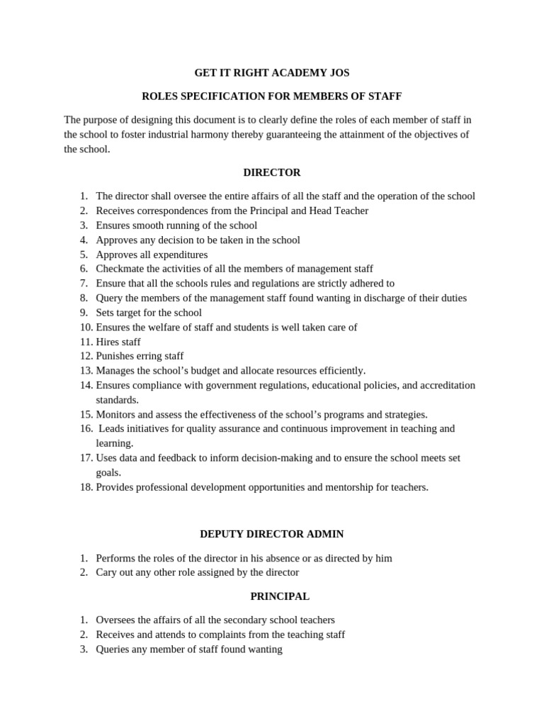Staff Roles Specification Guide | PDF | Teachers | Schools