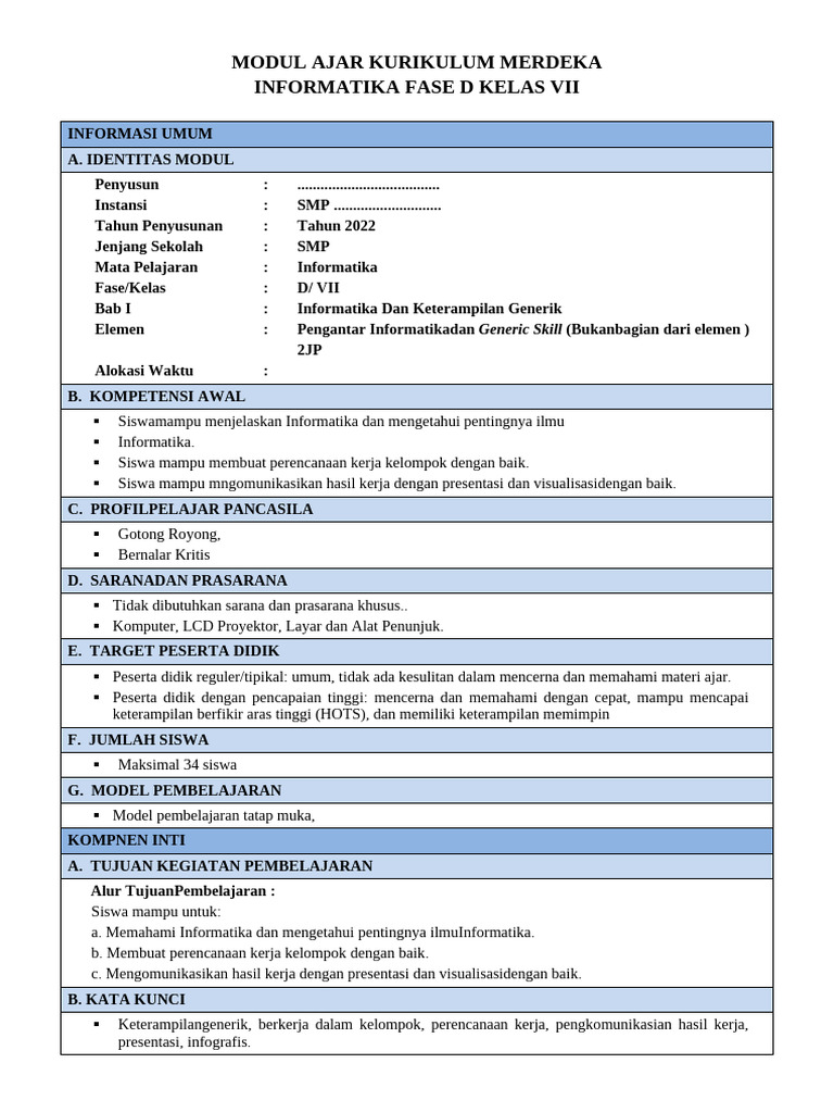 Modul Ajar Informatika Kelas 7 Fase D Bab 1 | PDF