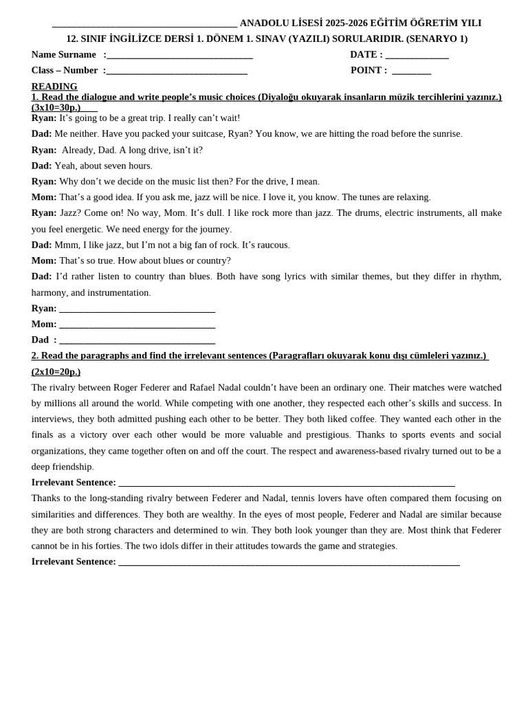 12th Grade English Exam Questions 2025-2026 | PDF | Roger Federer | Jazz