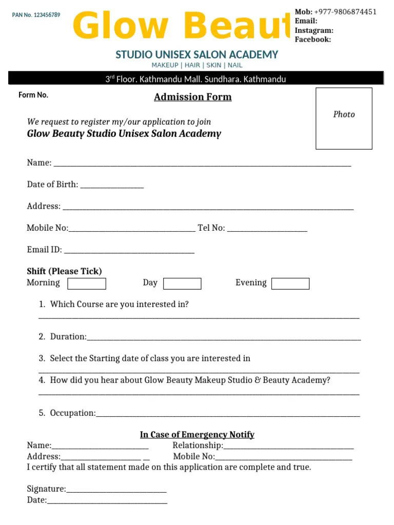 Glow Beauty Admission Form | PDF