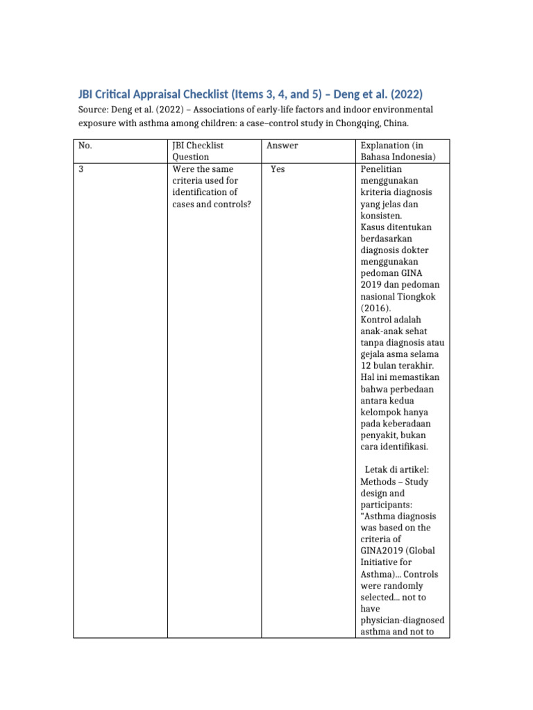 JBI Checklist 3 4 5 English Question Indo Reason | PDF | Asthma | Human ...