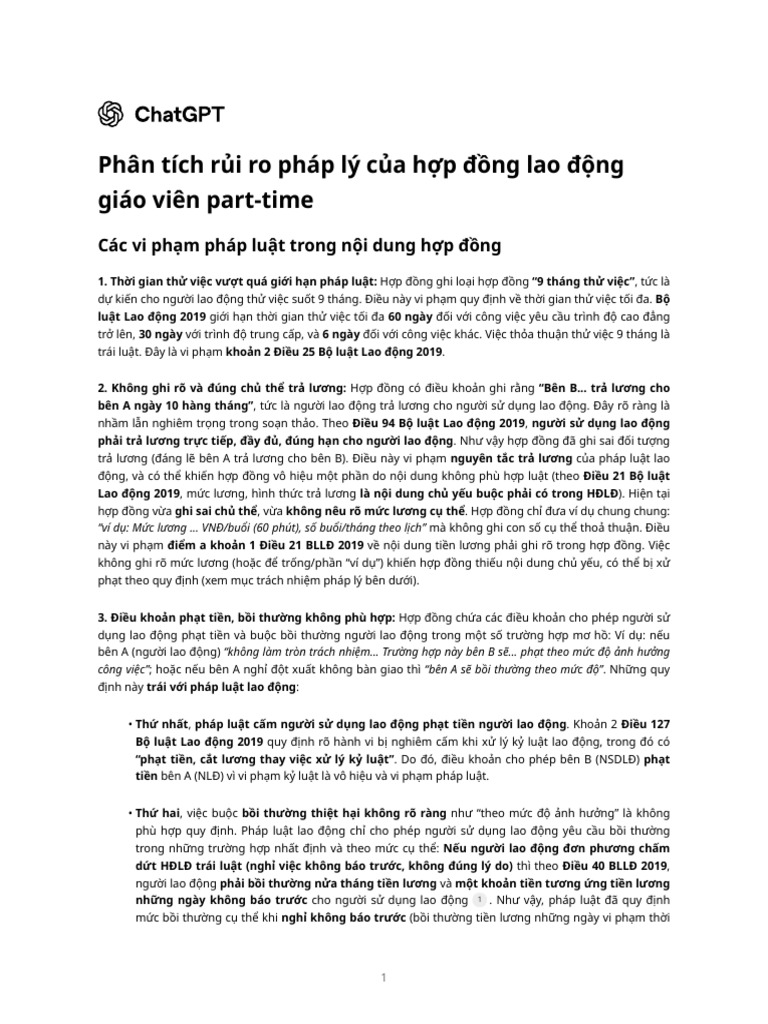 Phân Tích R I Ro Pháp Lý C A H P Đ NG Lao Đ NG Giáo Viên Part-Time | PDF