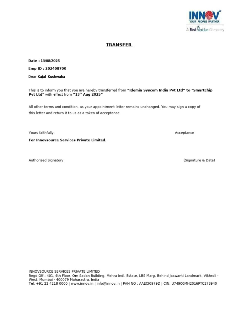 Transfer Notification Letter | PDF