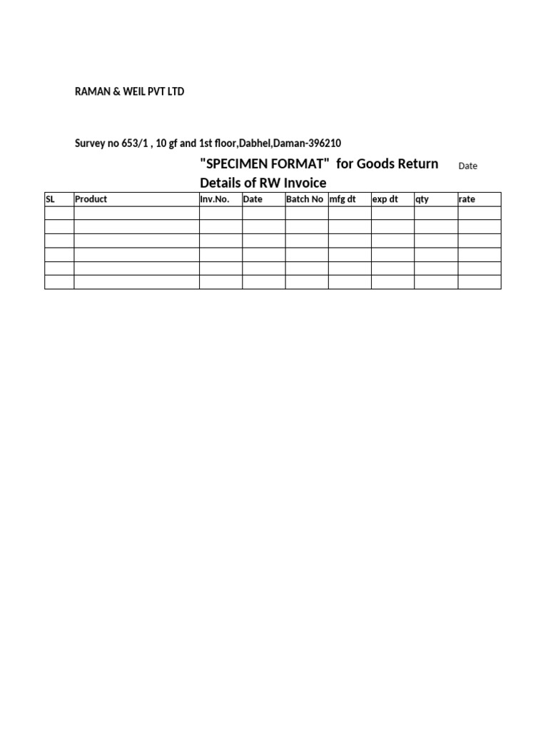 Goods Return Specimen Format Template | PDF