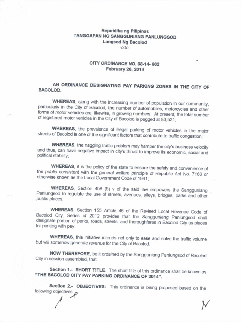 Bacolod City Pay Parking Ordinance 2014 | PDF | Parking | Traffic