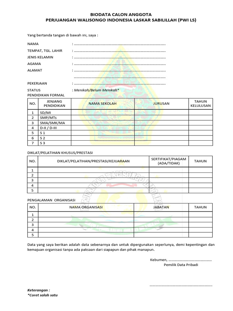 Biodata Anggota PWI Laskar Sabilillah | PDF