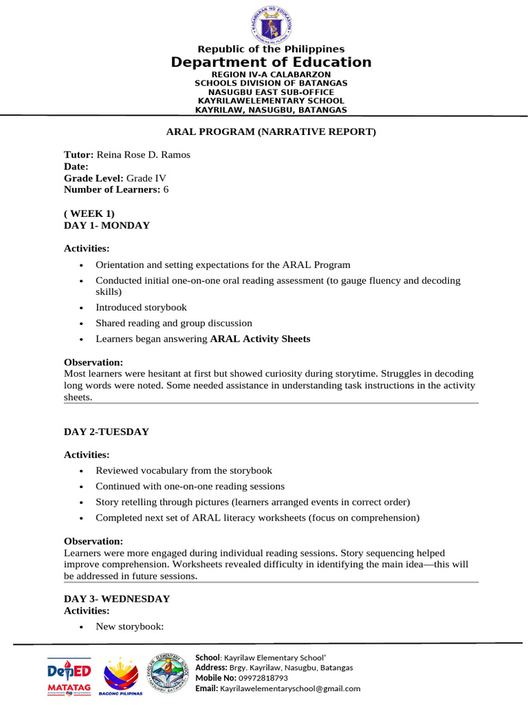 ARAL Program Narrative Report | PDF | Reading Comprehension | Pedagogy