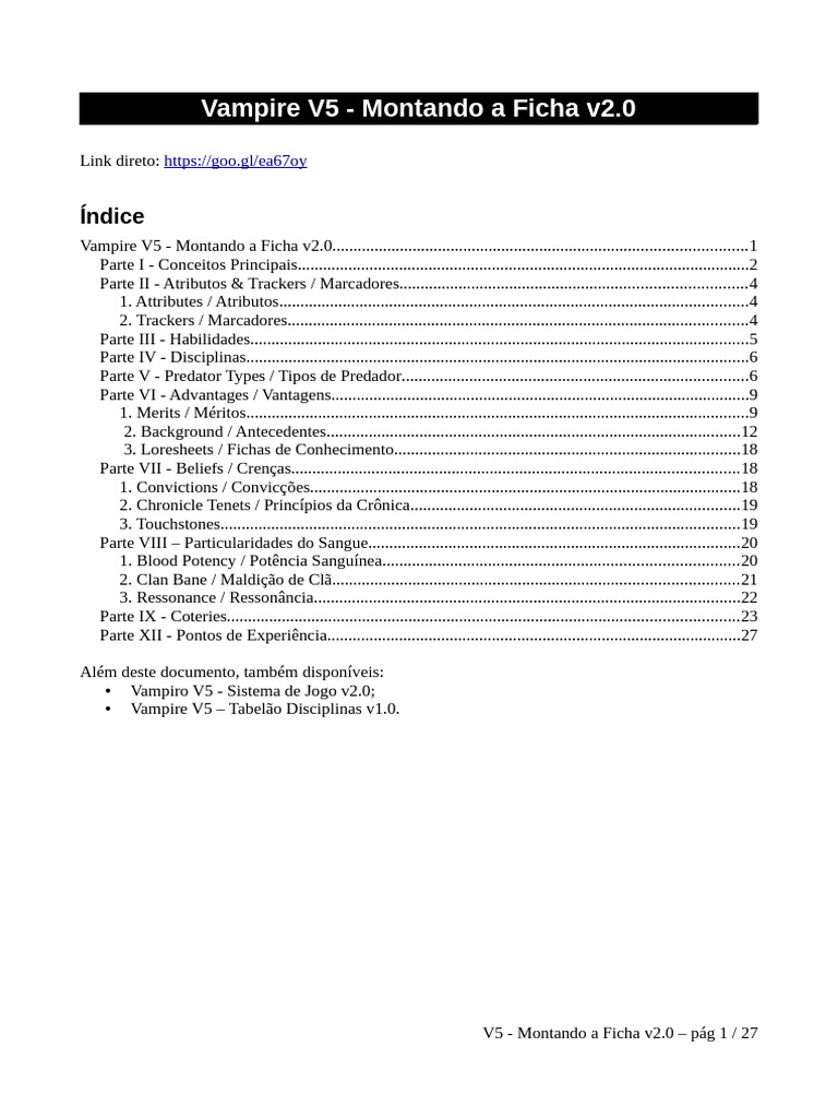 Montagem de Ficha para Vampire V5 | PDF