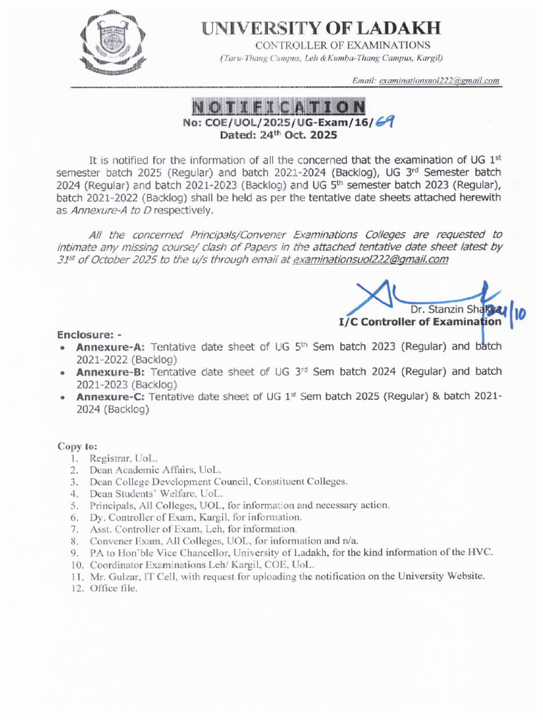 TENTATIVE Date Sheet UOL UG 1st, 3rd & 5th Sem Exam Nov-Dec. 2025 | PDF
