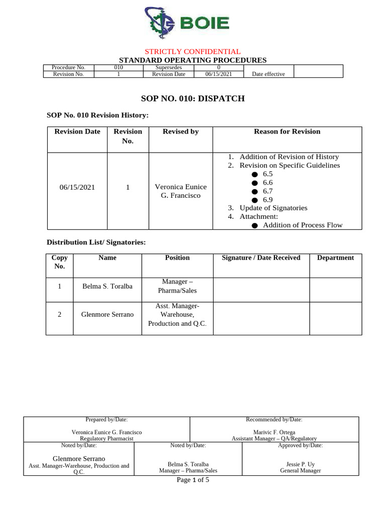 Pharmaceutical Dispatch SOP Guide | PDF | Warehouse