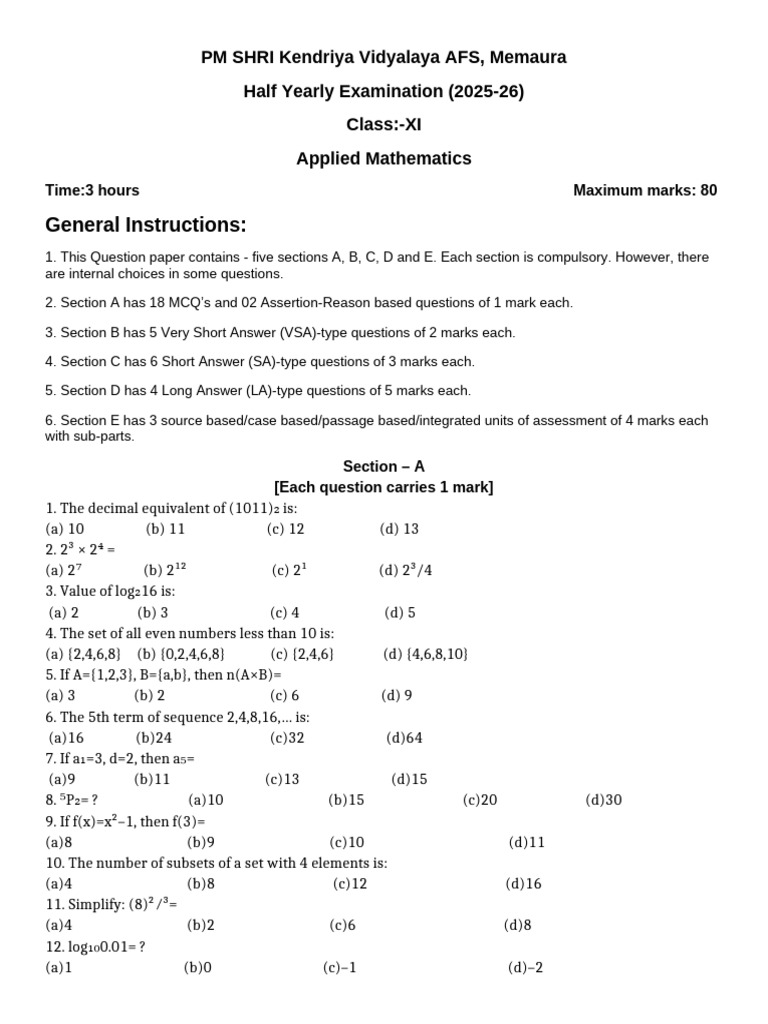 Class XI Applied Mathematics Exam 2025-26 | PDF | Chess Theory | Chess