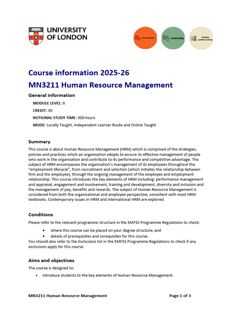 Human Resource Management Course Overview | PDF | Human Resource ...