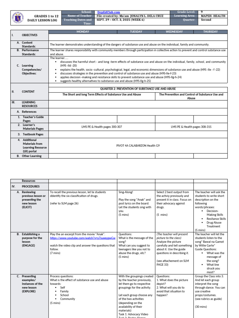 Grade 9 MAPEH Daily Lesson Log | PDF | Substance Abuse | Learning