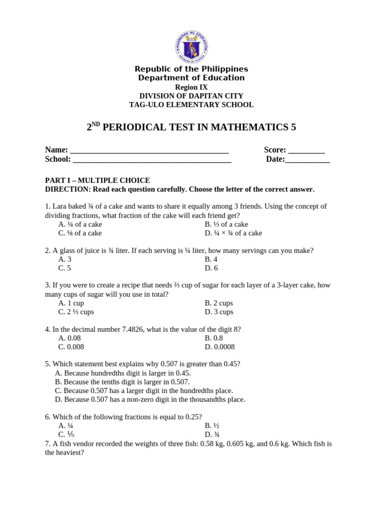 2nd Periodical Test in Mathematics 5 | PDF | Numbers | Division ...