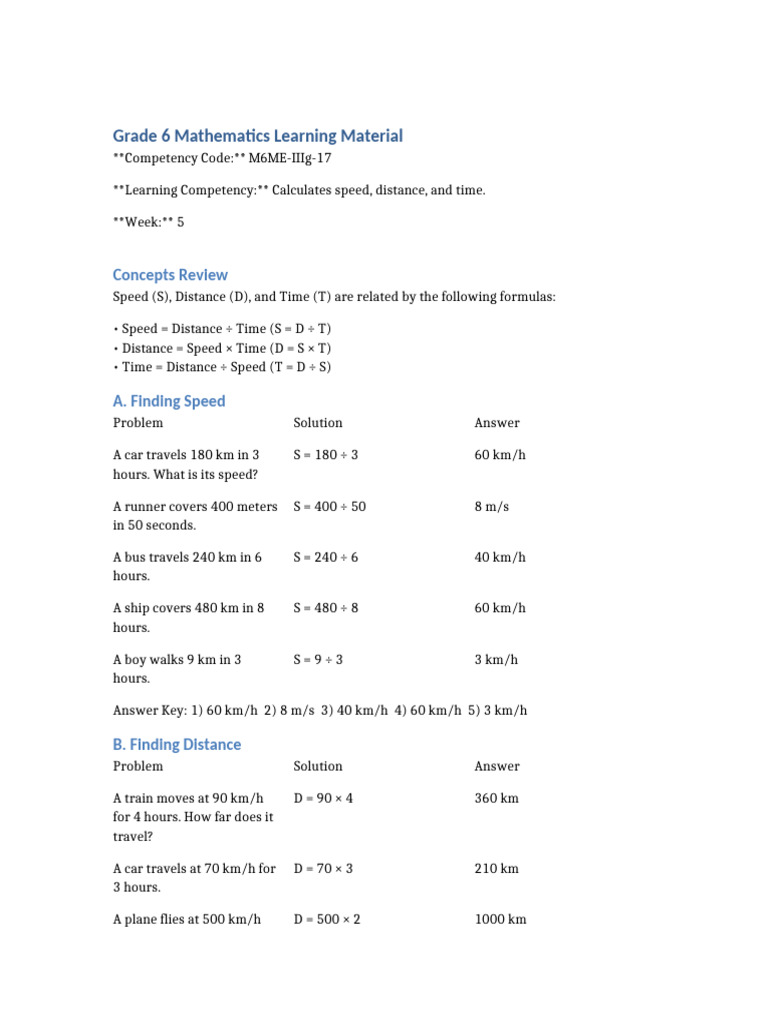 Grade6 Speed Distance Time Learning Material | PDF