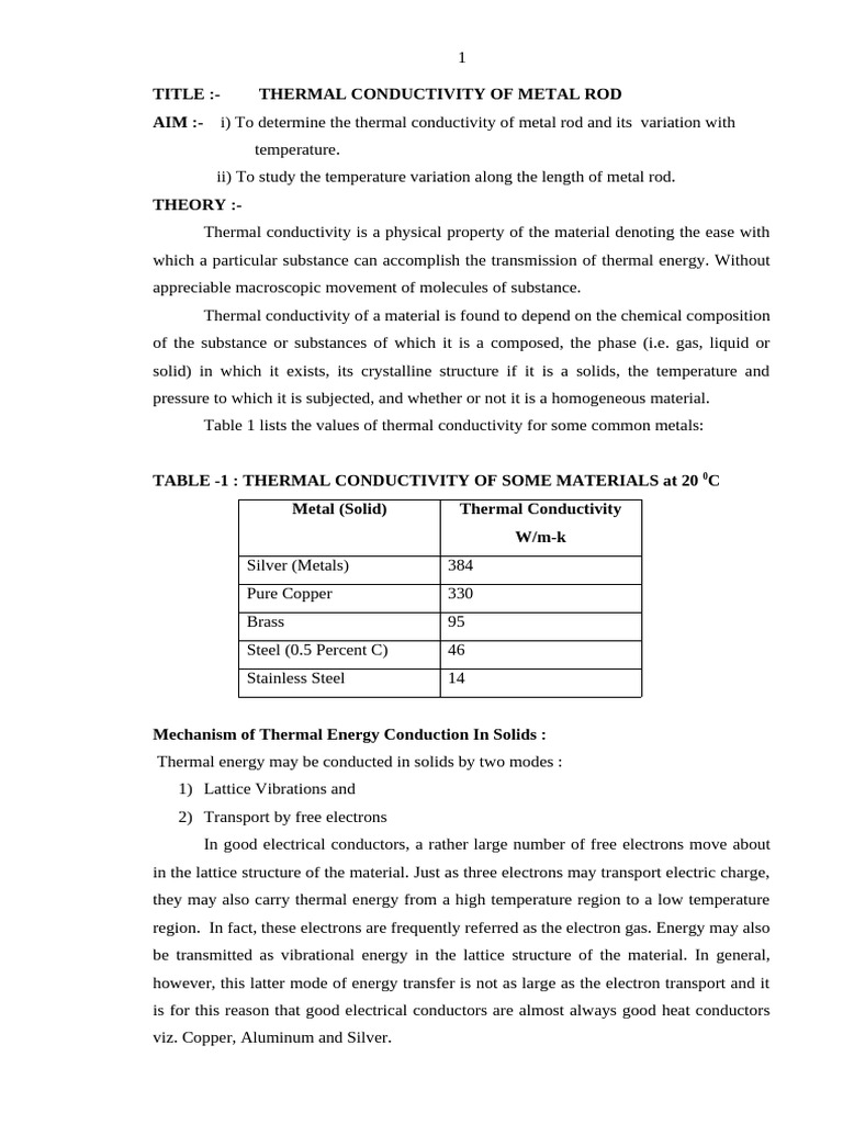 THERMAL CONDUCTIVITY OF METAL ROD | PDF | Solid | Electrical ...