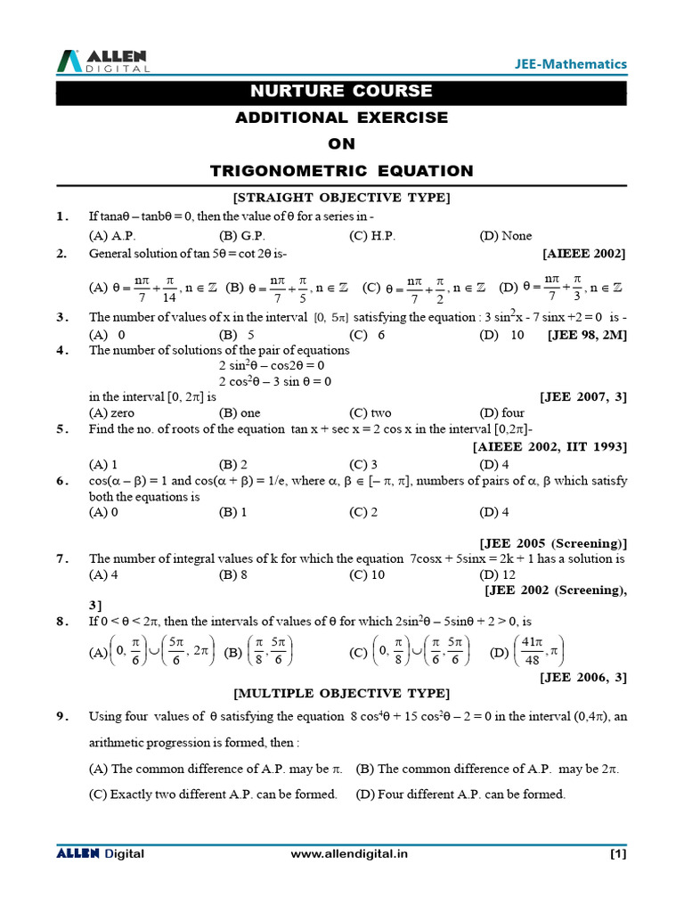 JEE Mathematics Trigonometric Exercises | PDF | Trigonometric Functions ...