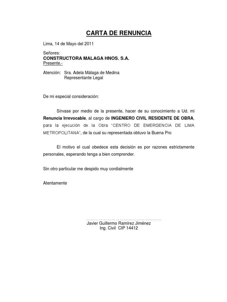 Carta de Renuncia Profesional Celm