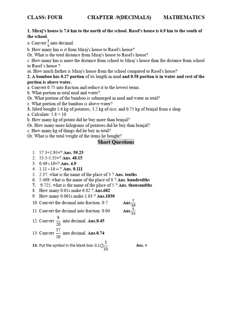 Decimals: Class 4 Math Exercises | PDF