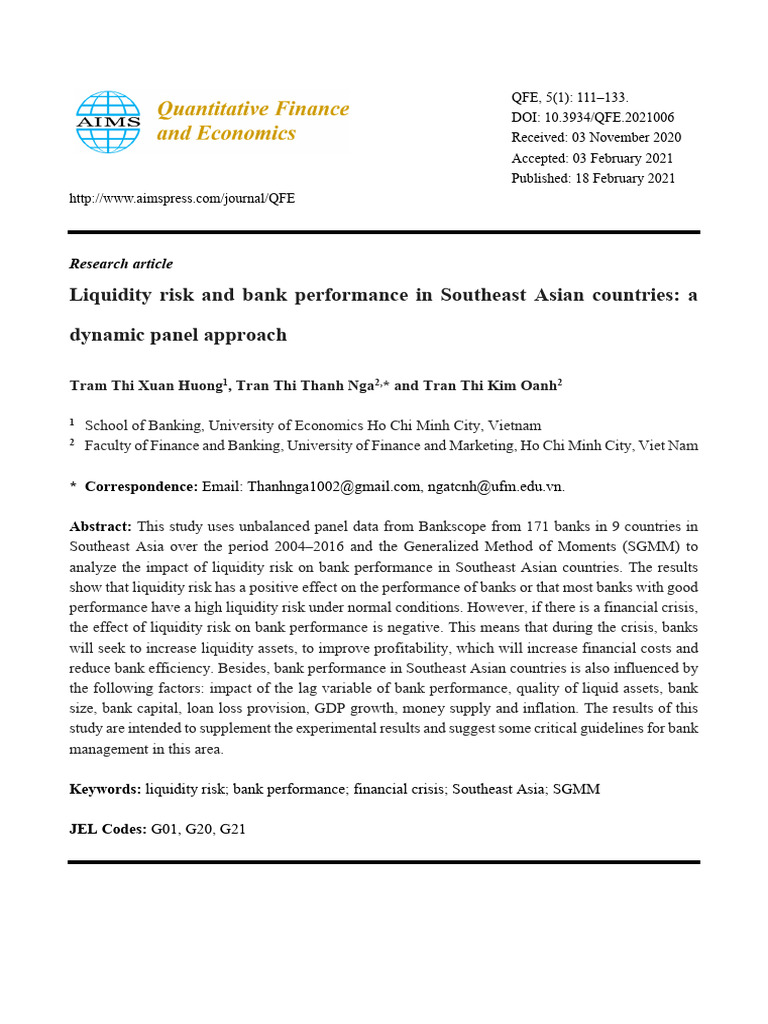 Liquidity Risk and Bank Performance in Southeast Asian Countries: A ...