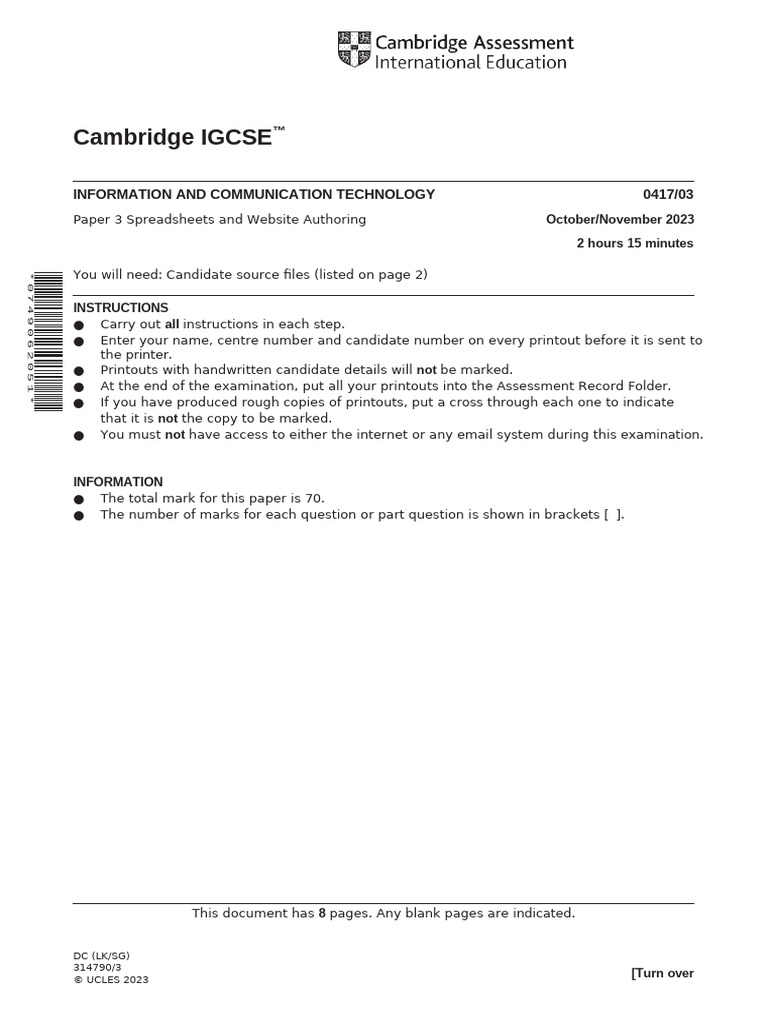 Cambridge IGCSE: Information and Communication Technology 0417/03 | PDF ...